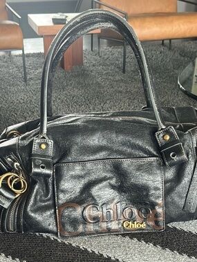 Chloé Black Leather Satchel with Logo Plaque